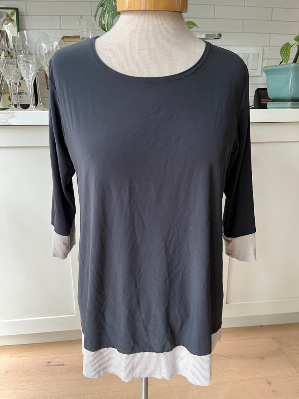 Sympli Women's Charcoal grey Ribbed Contrast Hem and 3/4 Sleeve cuff Top